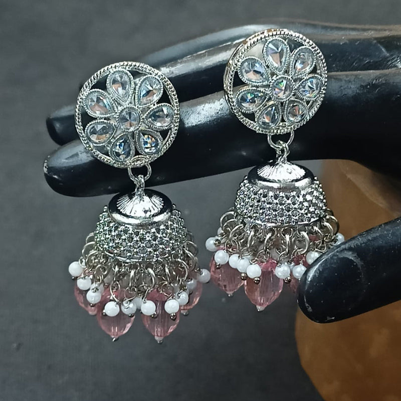 NAFJ Silver Plated Crystal Stone And Beads Jhumki Earrings