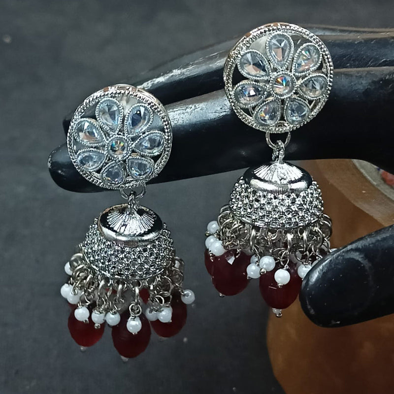 NAFJ Silver Plated Crystal Stone And Beads Jhumki Earrings