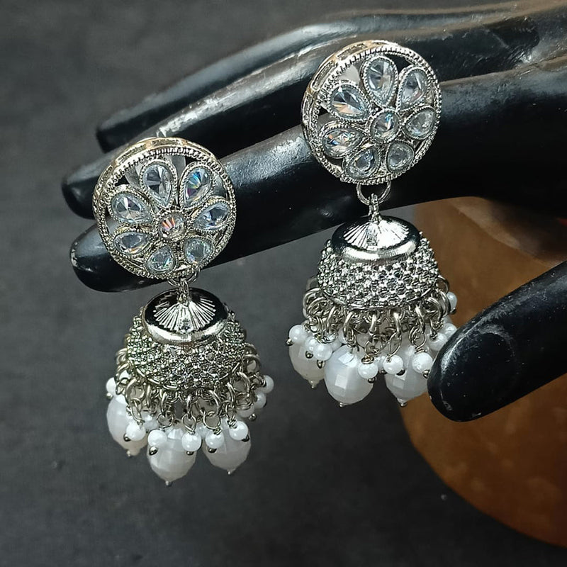 NAFJ Silver Plated Crystal Stone And Beads Jhumki Earrings