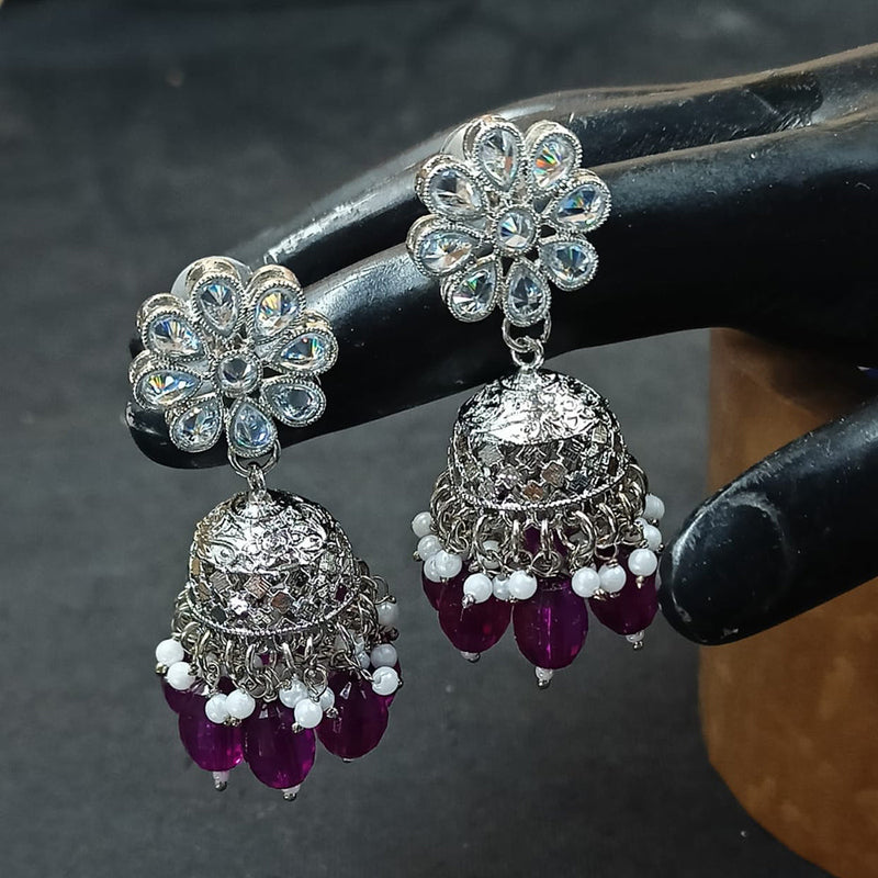 NAFJ Silver Plated Crystal Stone And Beads Jhumki Earrings