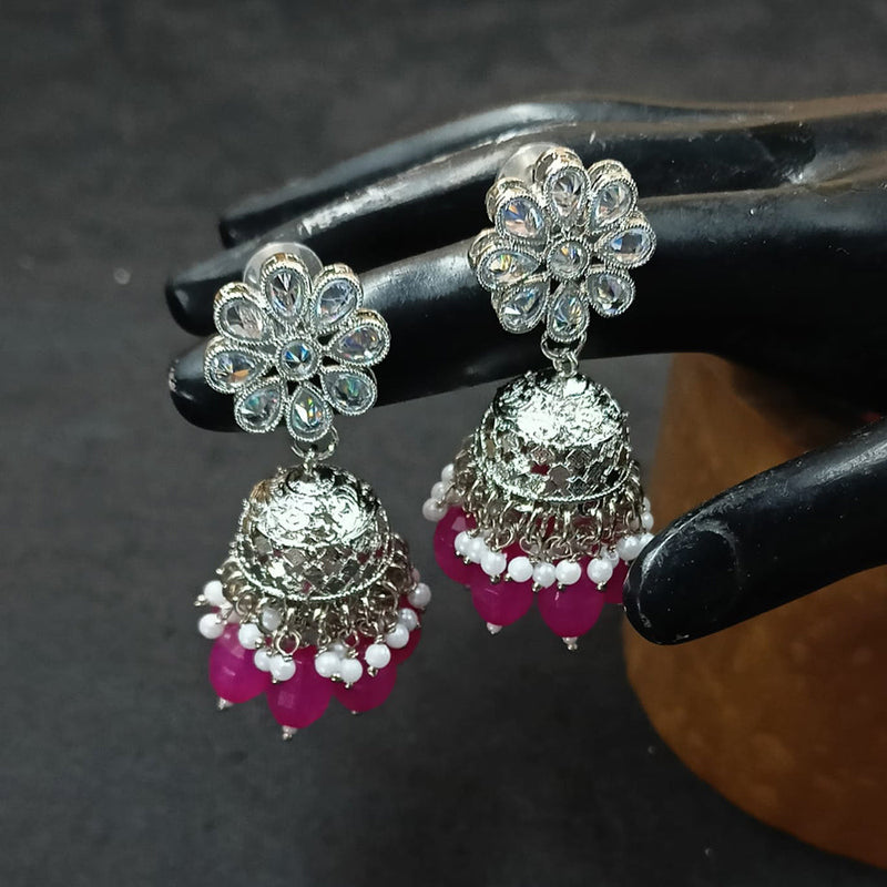 NAFJ Silver Plated Crystal Stone And Beads Jhumki Earrings