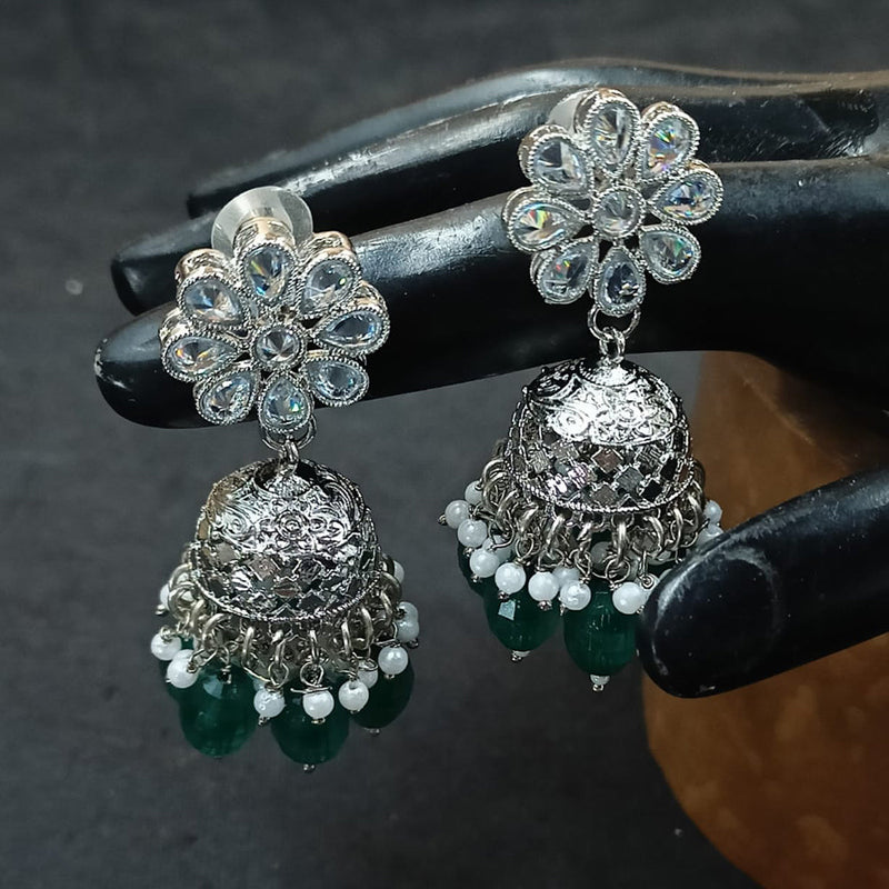 NAFJ Silver Plated Crystal Stone And Beads Jhumki Earrings