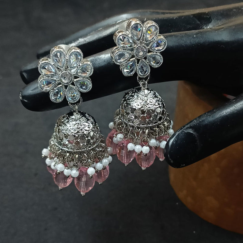 NAFJ Silver Plated Crystal Stone And Beads Jhumki Earrings