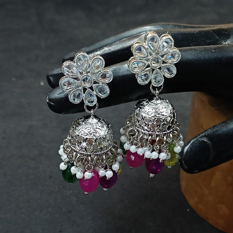 NAFJ Silver Plated Crystal Stone And Beads Jhumki Earrings