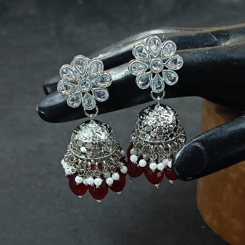 NAFJ Silver Plated Crystal Stone And Beads Jhumki Earrings