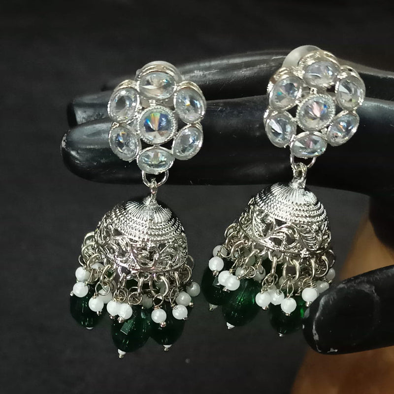 NAFJ Silver Plated Crystal Stone And Beads Jhumki Earrings