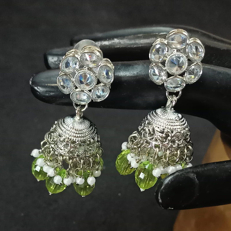 NAFJ Silver Plated Crystal Stone And Beads Jhumki Earrings