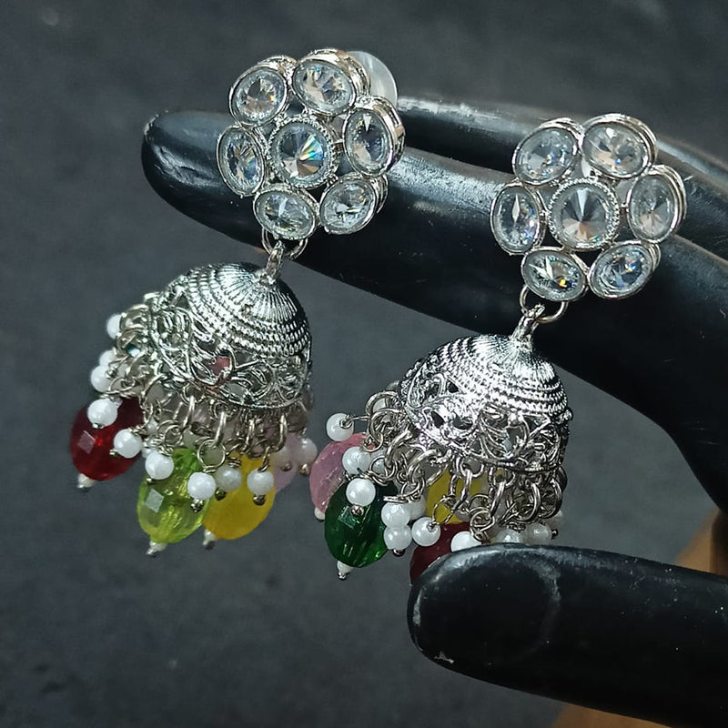 NAFJ Silver Plated Crystal Stone And Beads Jhumki Earrings