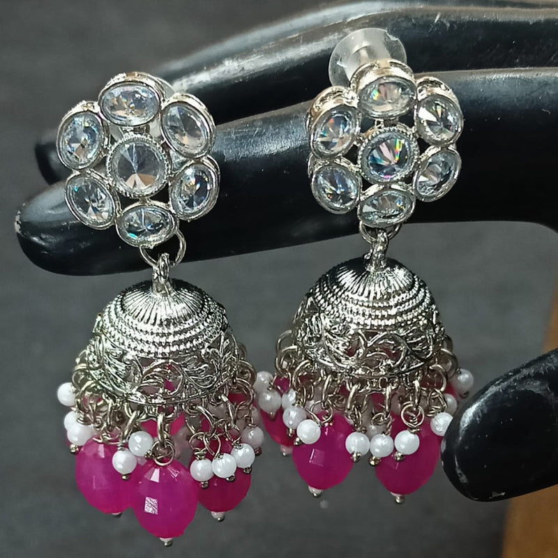 NAFJ Silver Plated Crystal Stone And Beads Jhumki Earrings