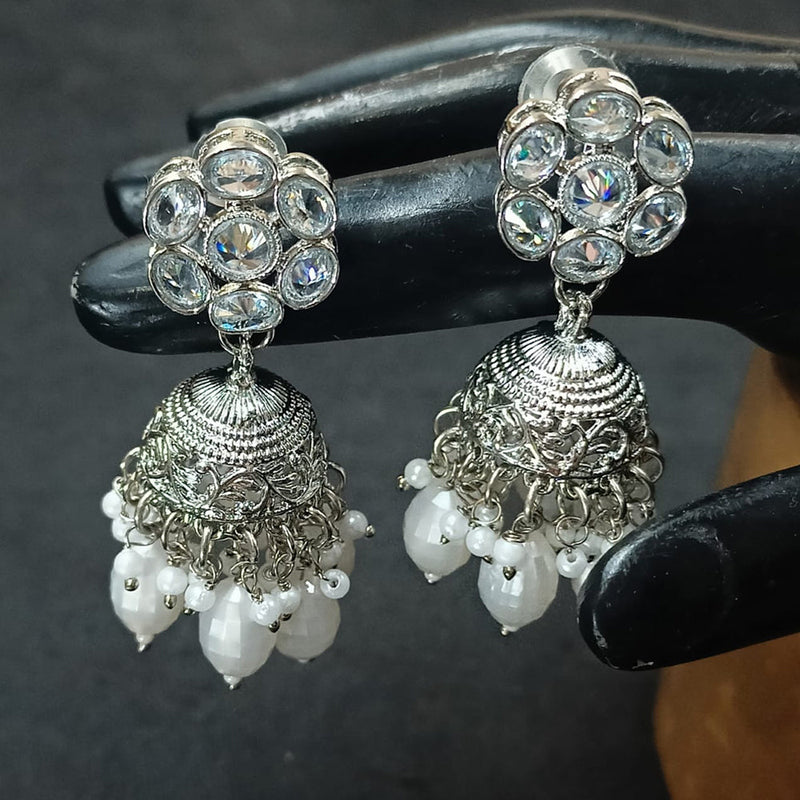 NAFJ Silver Plated Crystal Stone And Beads Jhumki Earrings