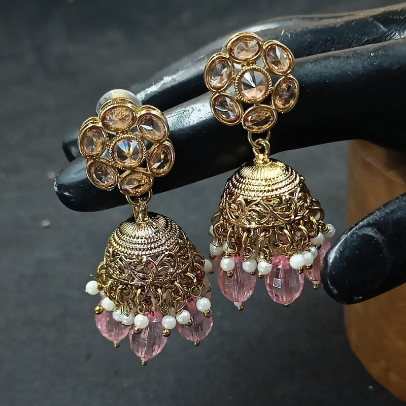 NAFJ Gold Plated Crystal Stone And Beads Jhumki Earrings