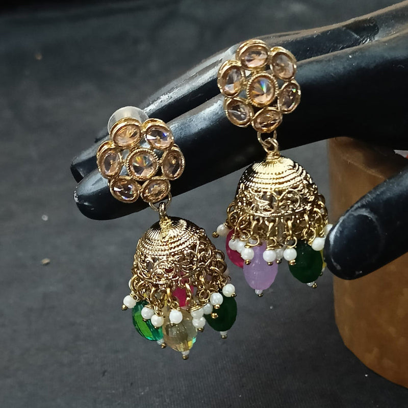 NAFJ Gold Plated Crystal Stone And Beads Jhumki Earrings