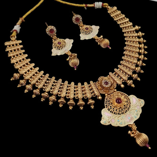 NAFJ Gold Plated Pota Stone Meenakari Necklace Set