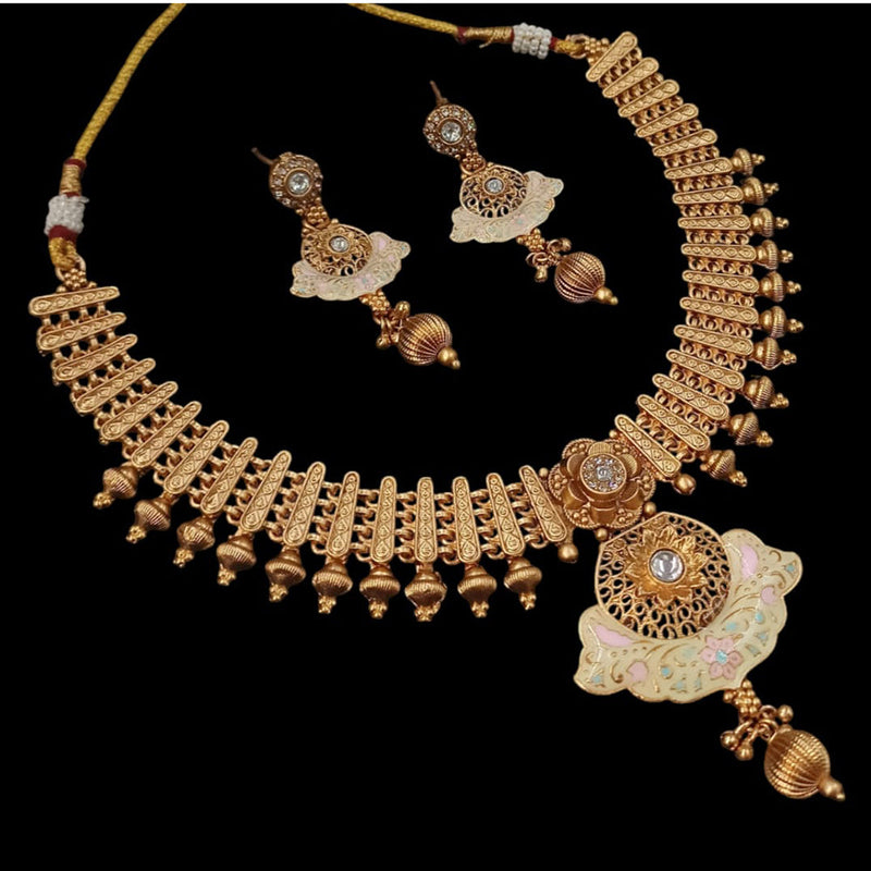 NAFJ Gold Plated Pota Stone Meenakari Necklace Set