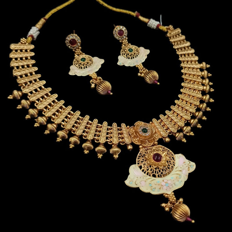 NAFJ Gold Plated Pota Stone Meenakari Necklace Set