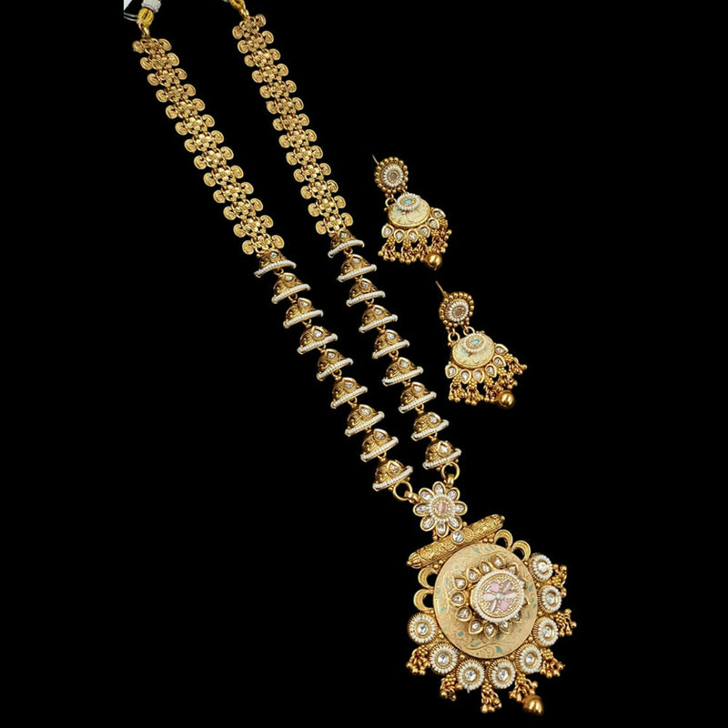 NAFJ Gold Plated Crystal Stone And Pearls Long Necklace Set