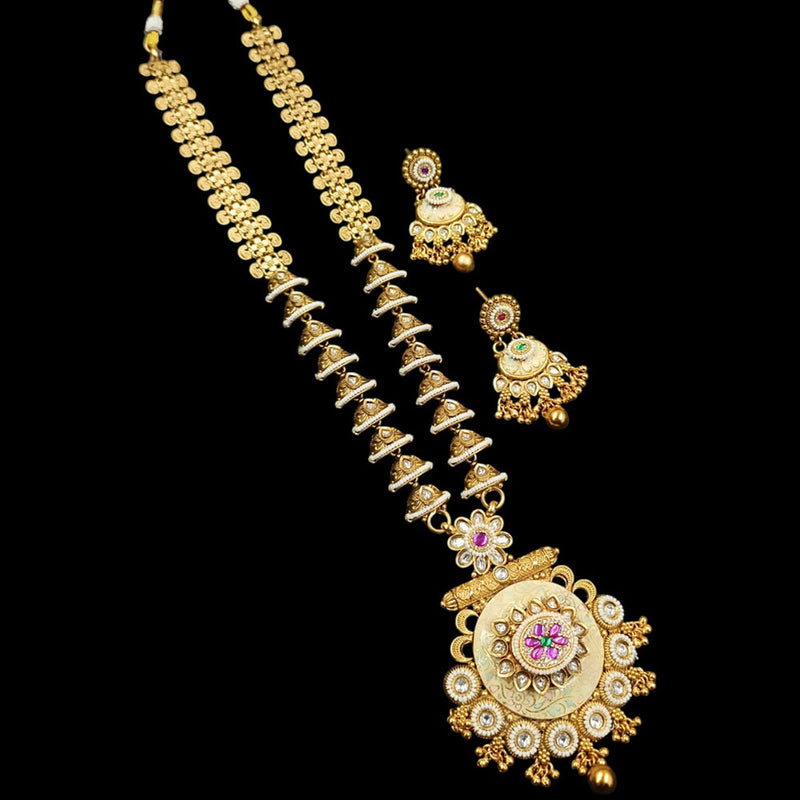 NAFJ Gold Plated Crystal Stone And Pearls Long Necklace Set