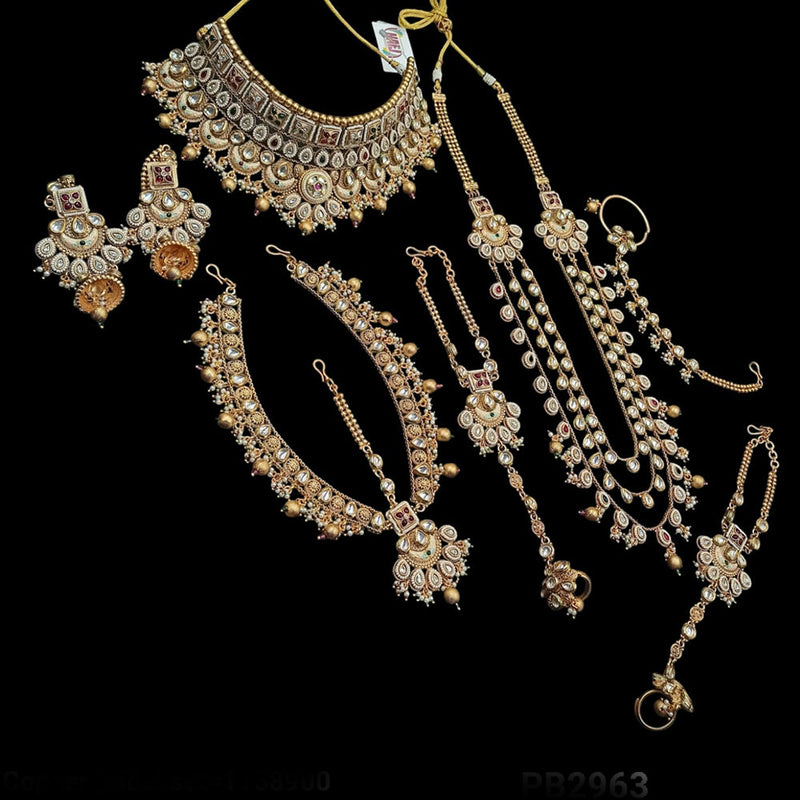 NAFJ Gold Plated Kundan Stone And Pearls Bridal Set