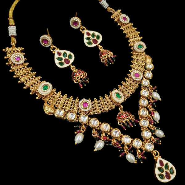 NAFJ Gold Plated Kundan Stone And Pearls Meenakari Necklace Set