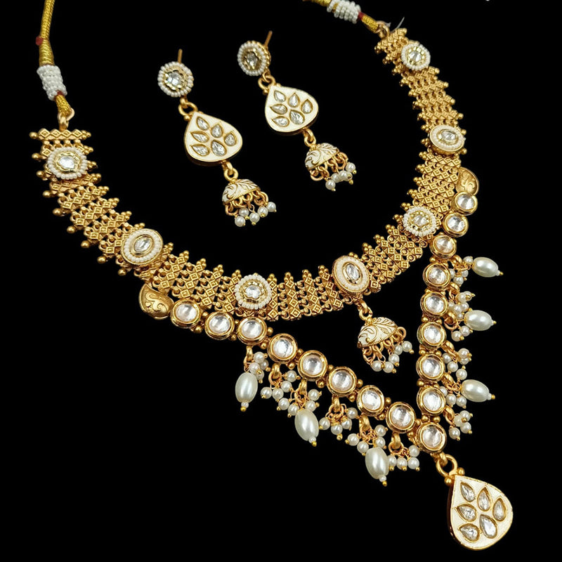 NAFJ Gold Plated Kundan Stone And Pearls Meenakari Necklace Set