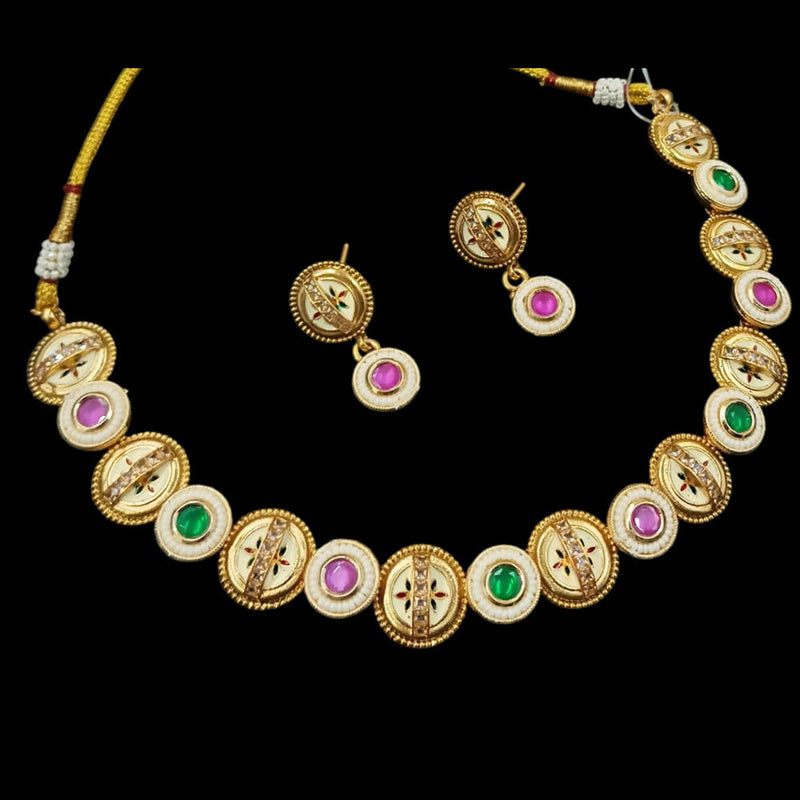 NAFJ Gold Plated Pota Stone And Pearls Meenakari Necklace Set