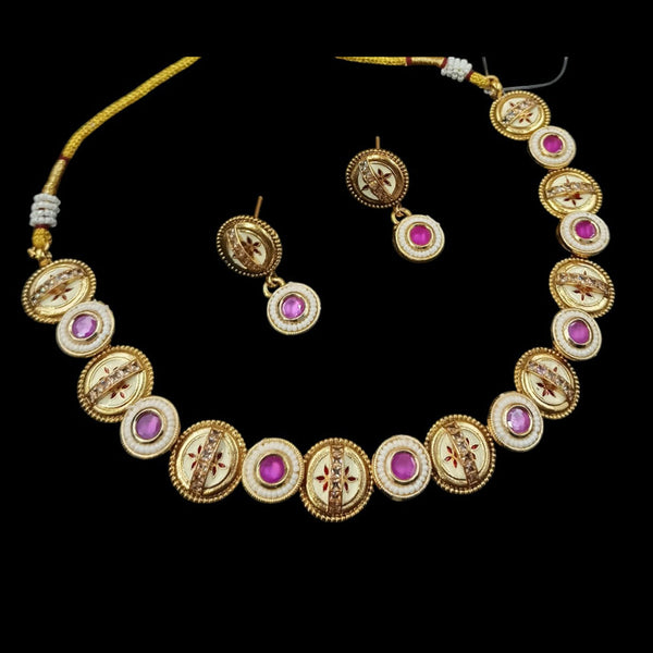 NAFJ Gold Plated Pota Stone And Pearls Meenakari Necklace Set