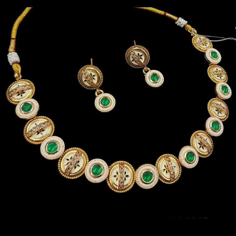 NAFJ Gold Plated Pota Stone And Pearls Meenakari Necklace Set