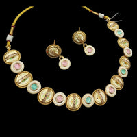 NAFJ Gold Plated Pota Stone And Pearls Meenakari Necklace Set