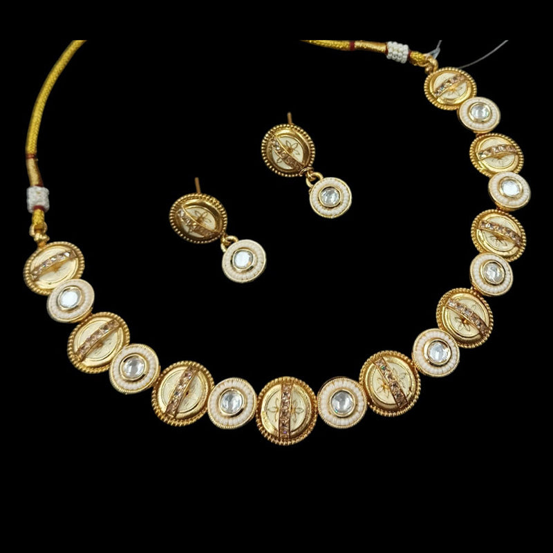 NAFJ Gold Plated Pota Stone And Pearls Meenakari Necklace Set