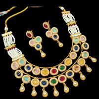 NAFJ Gold Plated Crystal Stone And Pearls Necklace Set