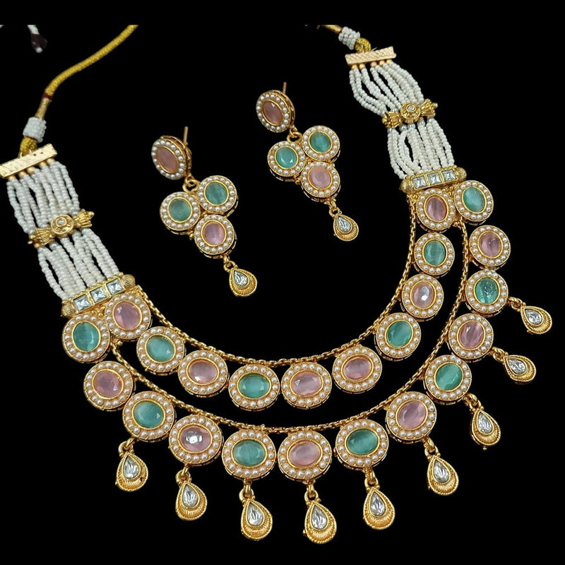 NAFJ Gold Plated Crystal Stone And Pearls Necklace Set