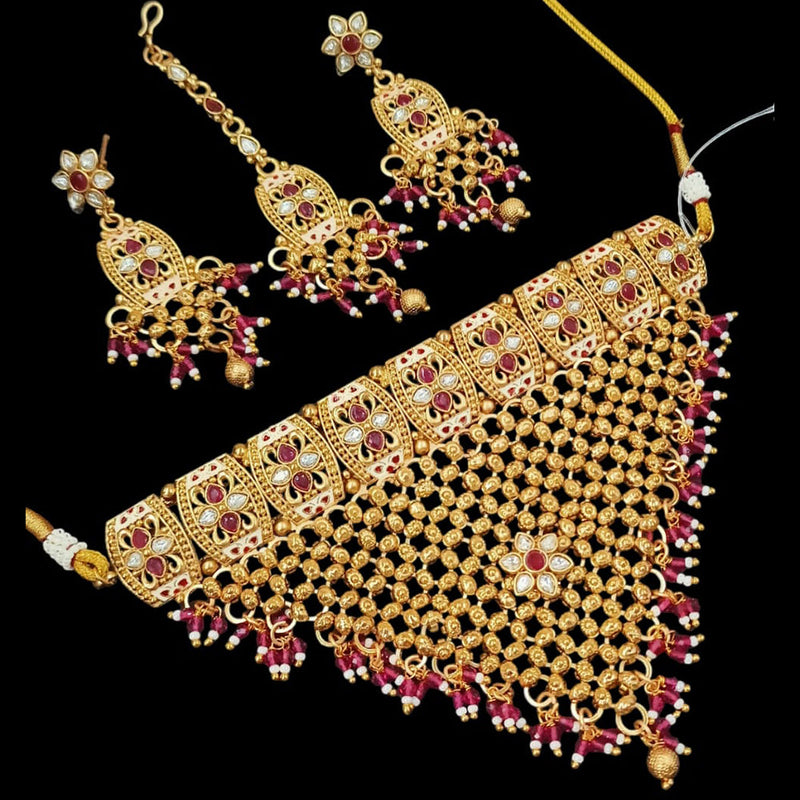 NAFJ Gold Plated Pota Stone And Pearls Meenakari Necklace Set