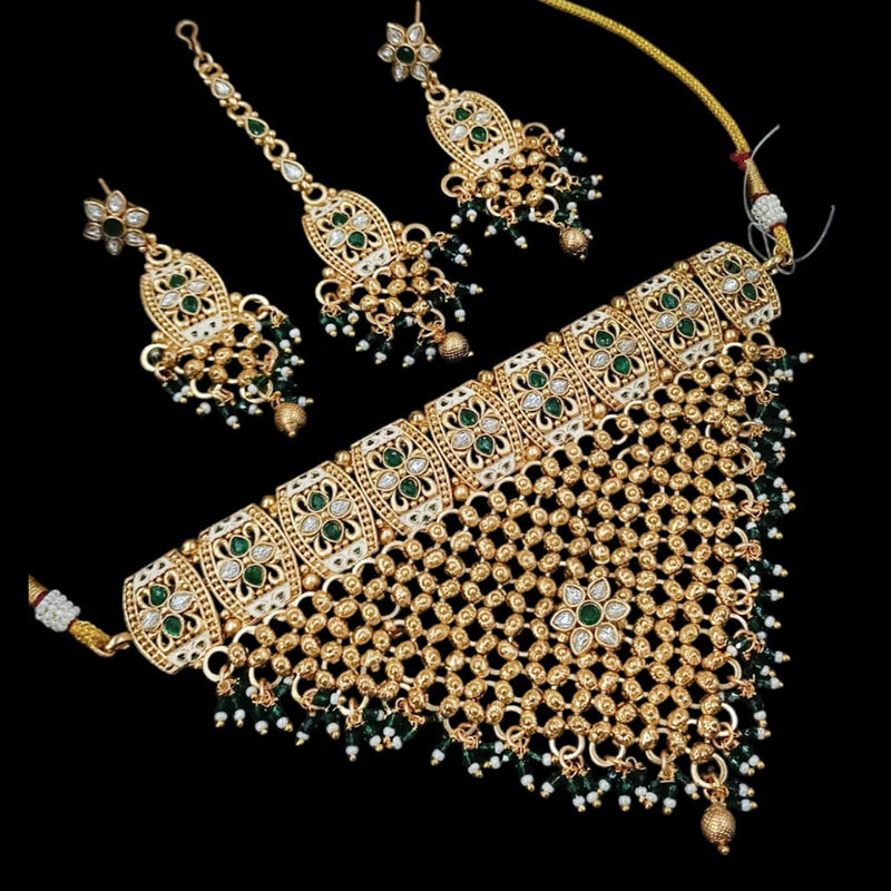 NAFJ Gold Plated Pota Stone And Pearls Meenakari Necklace Set