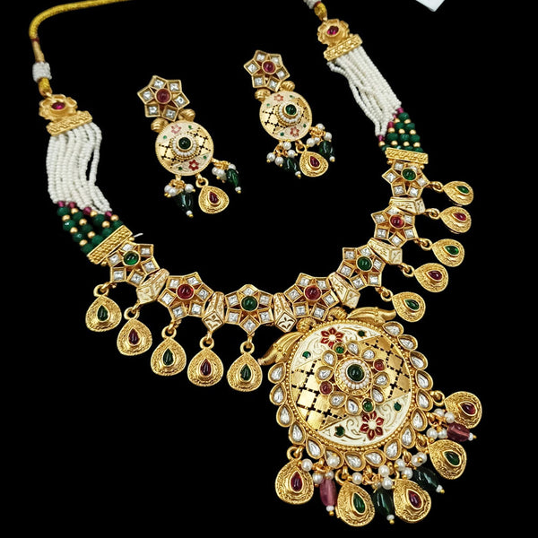 NAFJ Gold Plated Pota Stone And Pearls Meenakari Necklace Set