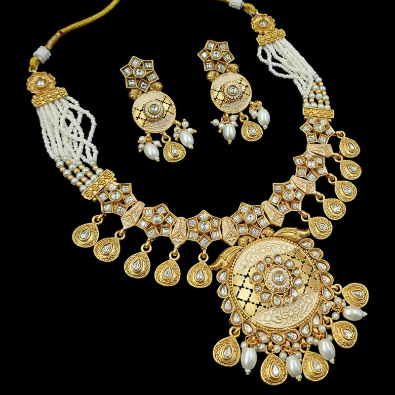 NAFJ Gold Plated Pota Stone And Pearls Meenakari Necklace Set