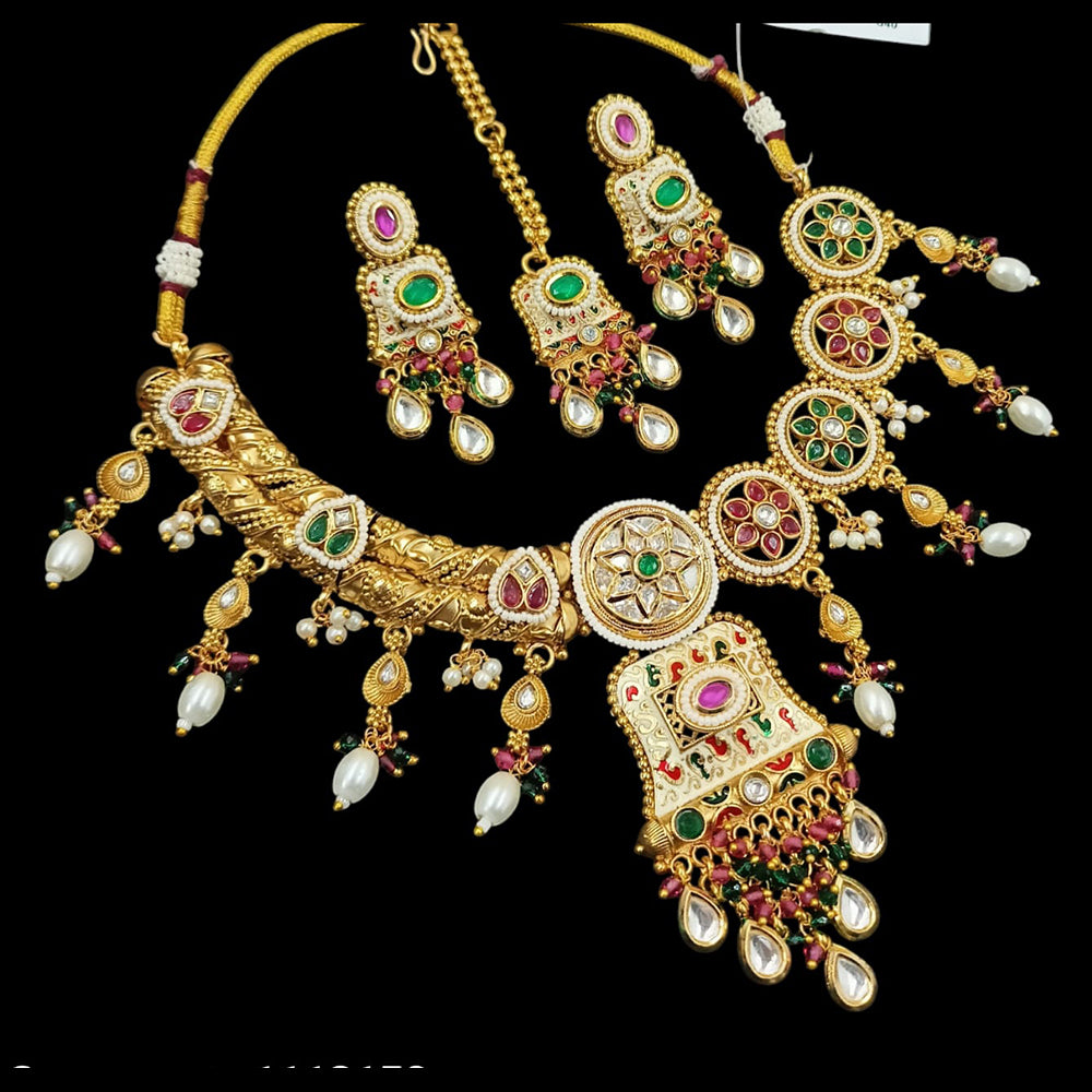 NAFJ Gold Plated Pota Stone And Pearls Meenakari Necklace Set