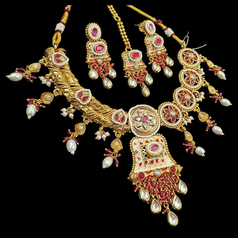 NAFJ Gold Plated Pota Stone And Pearls Meenakari Necklace Set