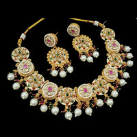 NAFJ Gold Plated Pota Stone And Pearls Meenakari Necklace Set