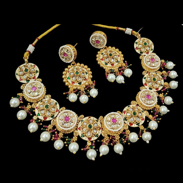 NAFJ Gold Plated Pota Stone And Pearls Meenakari Necklace Set