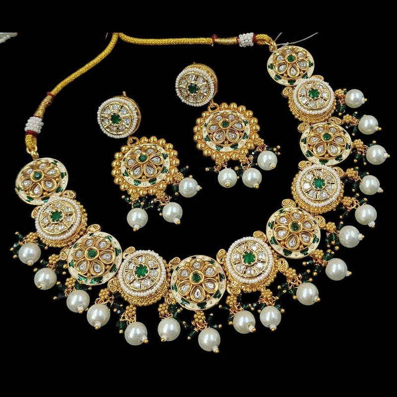 NAFJ Gold Plated Pota Stone And Pearls Meenakari Necklace Set