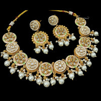 NAFJ Gold Plated Pota Stone And Pearls Meenakari Necklace Set