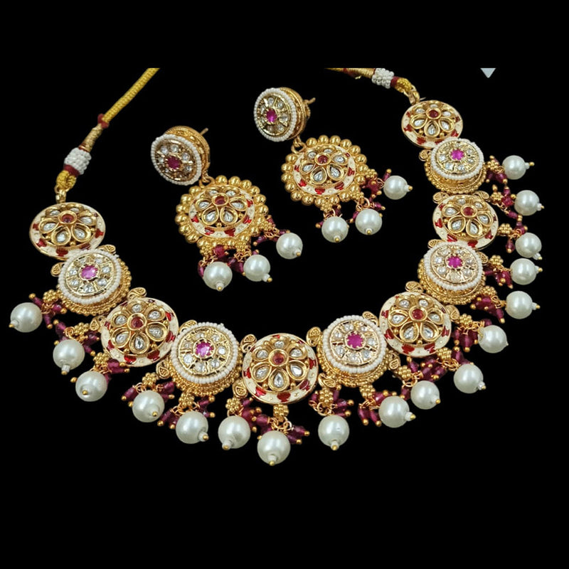 NAFJ Gold Plated Pota Stone And Pearls Meenakari Necklace Set