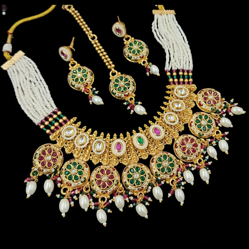 NAFJ Gold Plated Pota Stone And Pearls Meenakari Necklace Set