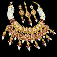 NAFJ Gold Plated Pota Stone And Pearls Meenakari Necklace Set