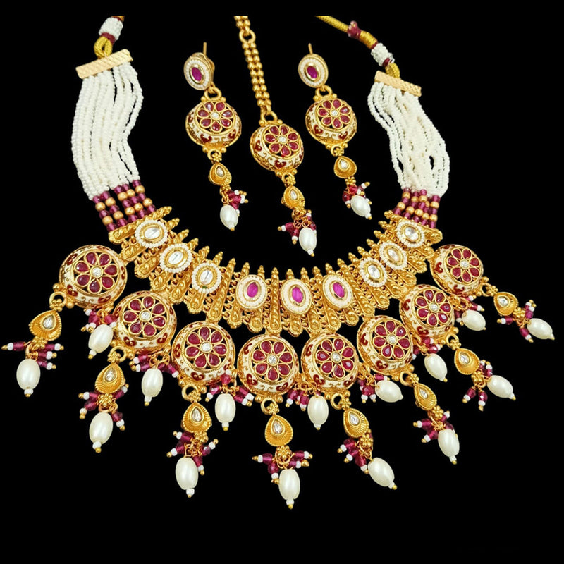 NAFJ Gold Plated Pota Stone And Pearls Meenakari Necklace Set