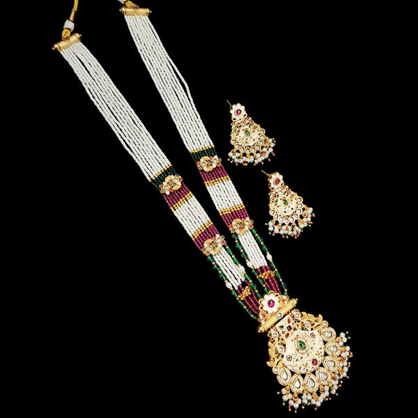 NAFJ Gold Plated Pota Stone & Beads Long  Meenakari Necklace Set