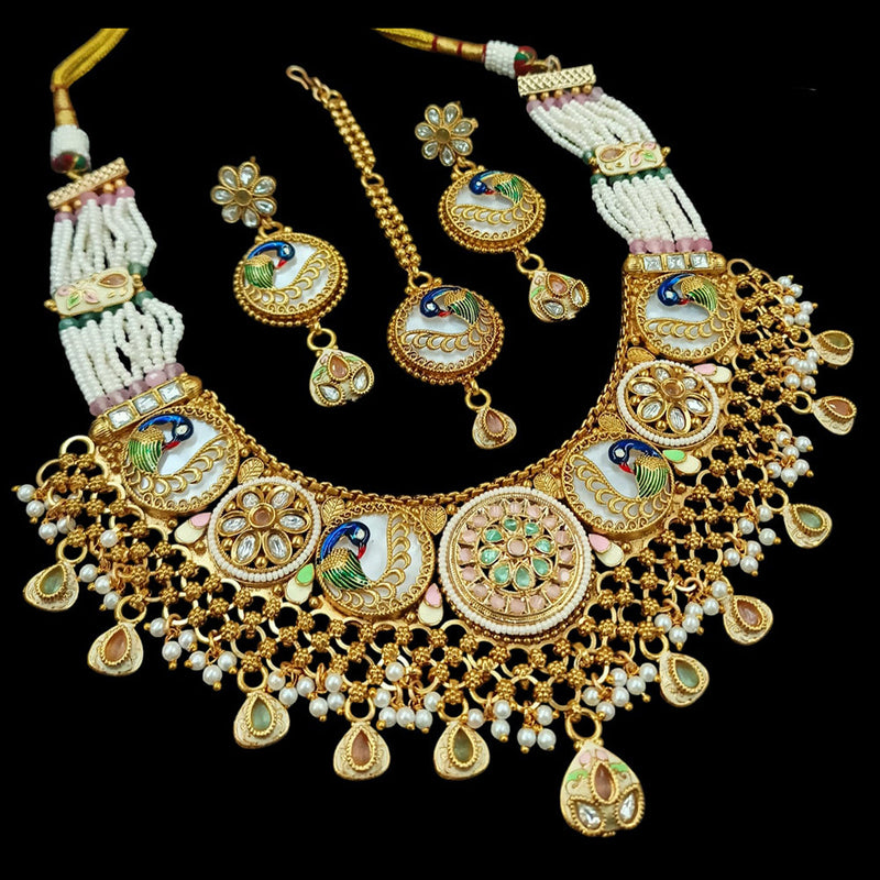 NAFJ Gold Plated Pota Stone And Pearls Meenakari Necklace Set