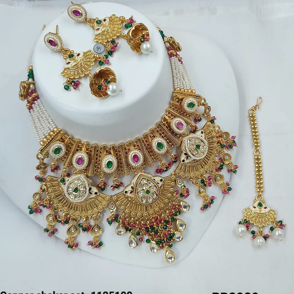 NAFJ Gold Plated Pota Stone And Pearls Meenakari Necklace Set