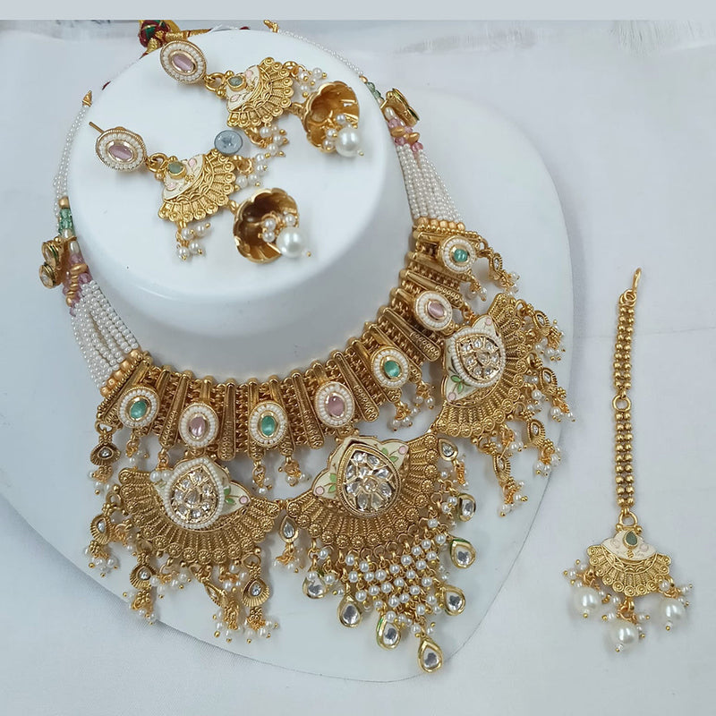 NAFJ Gold Plated Pota Stone And Pearls Meenakari Necklace Set