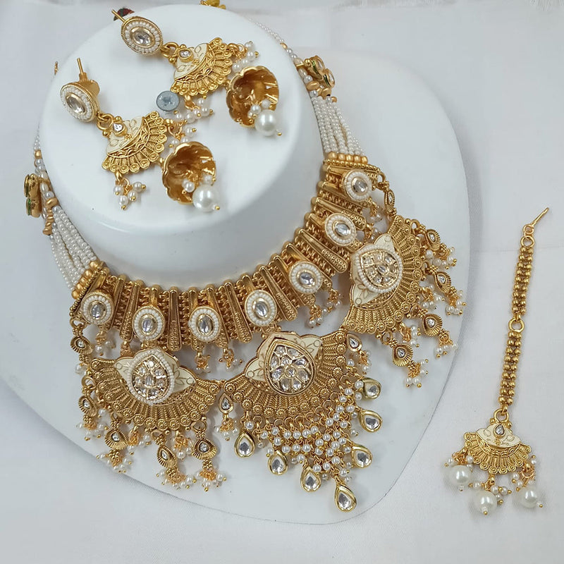 NAFJ Gold Plated Pota Stone And Pearls Meenakari Necklace Set